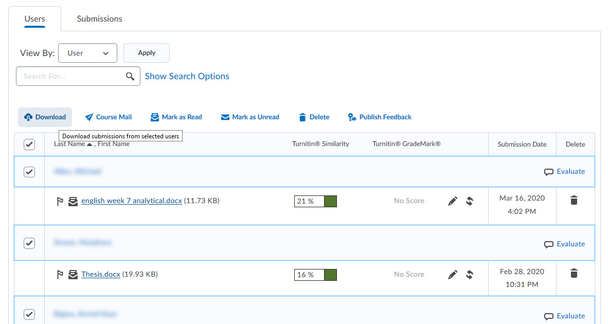 Downloading all submissions in a folder. The multi-select checkbox has been checked, and the Download button is about to be pushed.