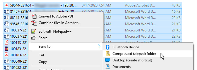 Re-zipping the files. The folders have been selected, and the user is hovering over Send To -> Compressed Folder