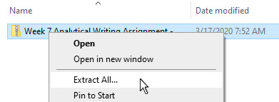 Unzipping the download Zip file. The user has right-clicked on the file and is hovering over the Extract All option.