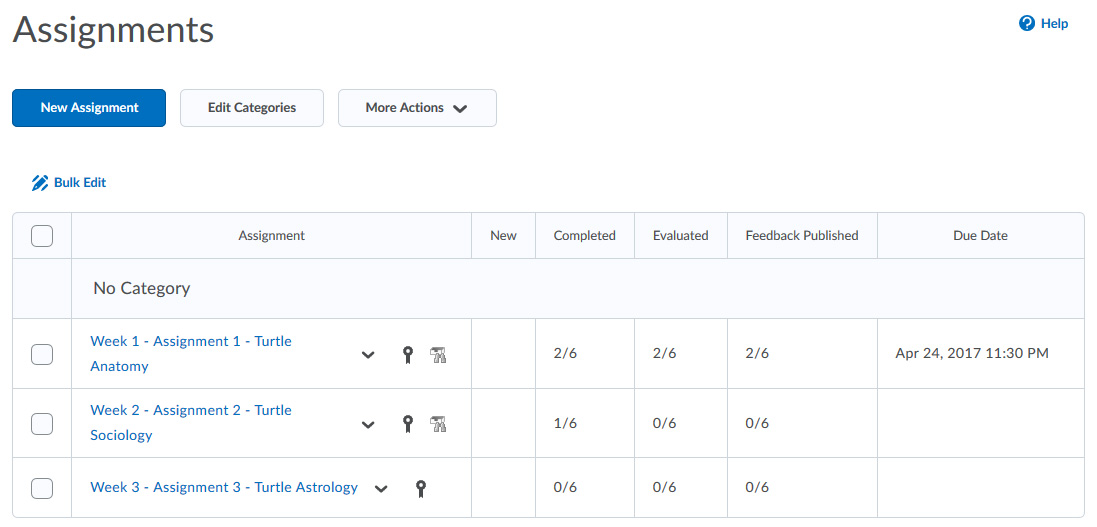 The main Assignments screen. Three Assignment Folders are displayed, labeled Assignment 1, Assignment 2, and Assignment 3. Assignment 1 has received 2 submisions from the class of six students.