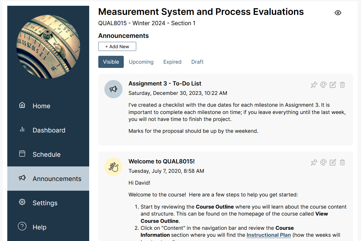 The instructor Announcements tab. The user is viewing the default 'Visible' tab, with three other filters available labeled Upcoming, Expired, and Draft. There are two total Announcements shown.