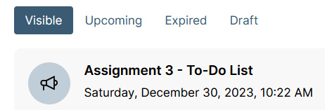 The instructor Announcements tab. The user is viewing the default 'Visible' tab, with three other filters available labeled Upcoming, Expired, and Draft.