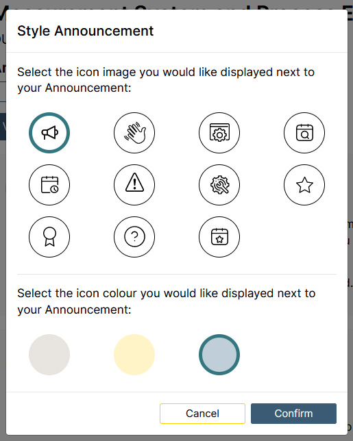 The instructor is choosing aesthetic styling for an announcement. Eleven icon options are shown-- a megaphone is selected, but there is also a waving hand, an options gear, a calendar, and so on-- and three selectable colour options are available at the bottom.