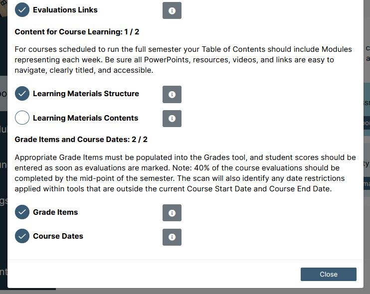 The Essential Elements scan report is shown. The instructor has a 90% score, and is missing a checkmark beside the Learning Materials Contents item.