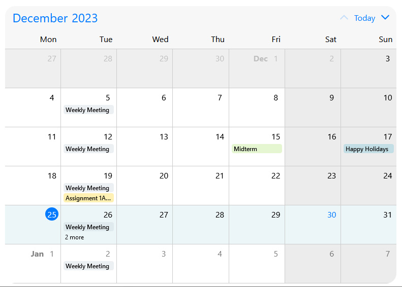 A month calender is shown, displaying events occurring on various days throughout the month. Most are on Tuesdays, presumably the day this sample class occurs.