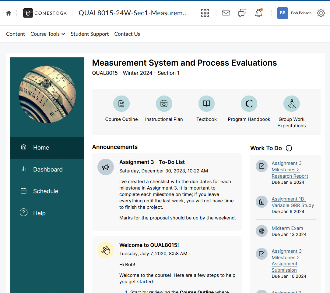 The student homepage. The course title is at the top, followed by a bar of links including the Course Outline, Instructional Plan, Textbook, and Program Handbook. Below to the left are announcements posted by the instructor, and below to the right is a list of assessments with due dates in the near future.