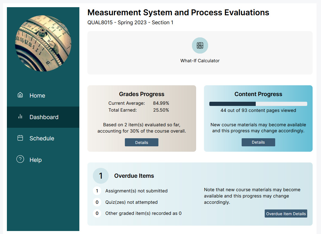 The student Dashboard tab. The What-If Calculator is linked at the top, followed by a summary of the student's grades, and a progress bar showing how much of the course's content they've viewed. At the bottom, the system lets the student know that they have an Assignment overdue.