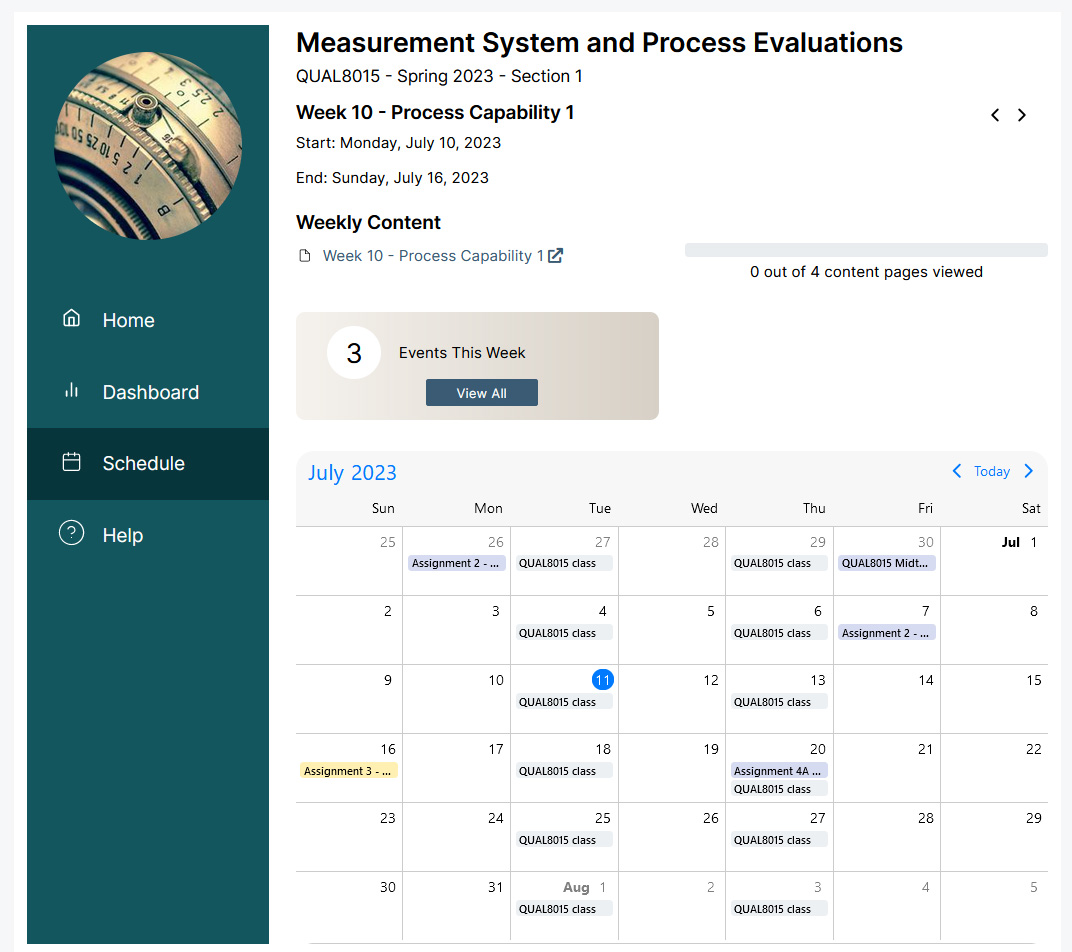 The student Schedule tab. The page identifies that it is Week 10, and names the topic covered that week. There is a link to an assignment due that week, and the student is shown that they have viewed zero out of four content pages in the week folder. At the bottom, the system shows a month calendar, with various course events displayed on different days.