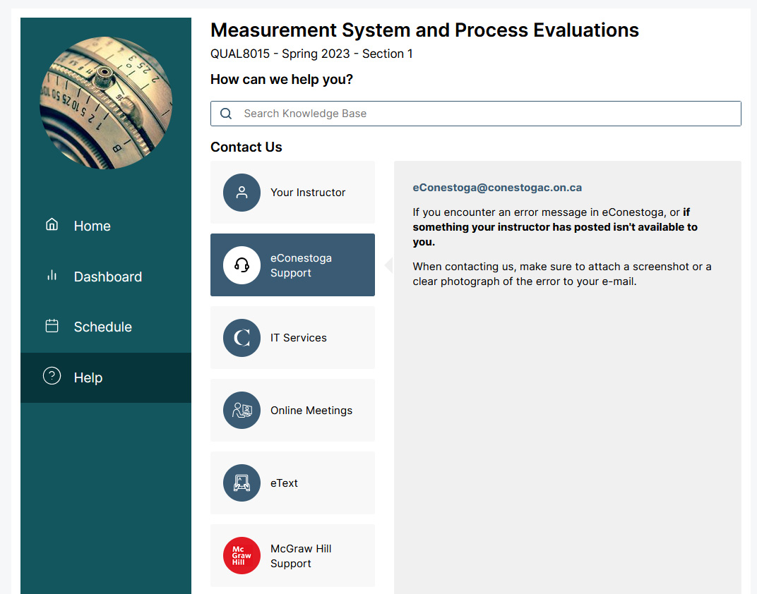The student help tab. There is a search box across the top, and then buttons to access various support services down the side-- instructor contact information, eConestoga Support, IT Services, a link to the instructor's online meeting, eText support, and McGraw Hill support.