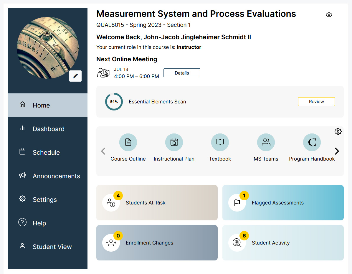 The instructor homepage. Similar to the student homepage, except the Essential Elements Scanner is added, the the space below the link strip is taken up by four quick tools-- Students at Risk, Flagged Assessments, Enrollment Changes, and Student Activity