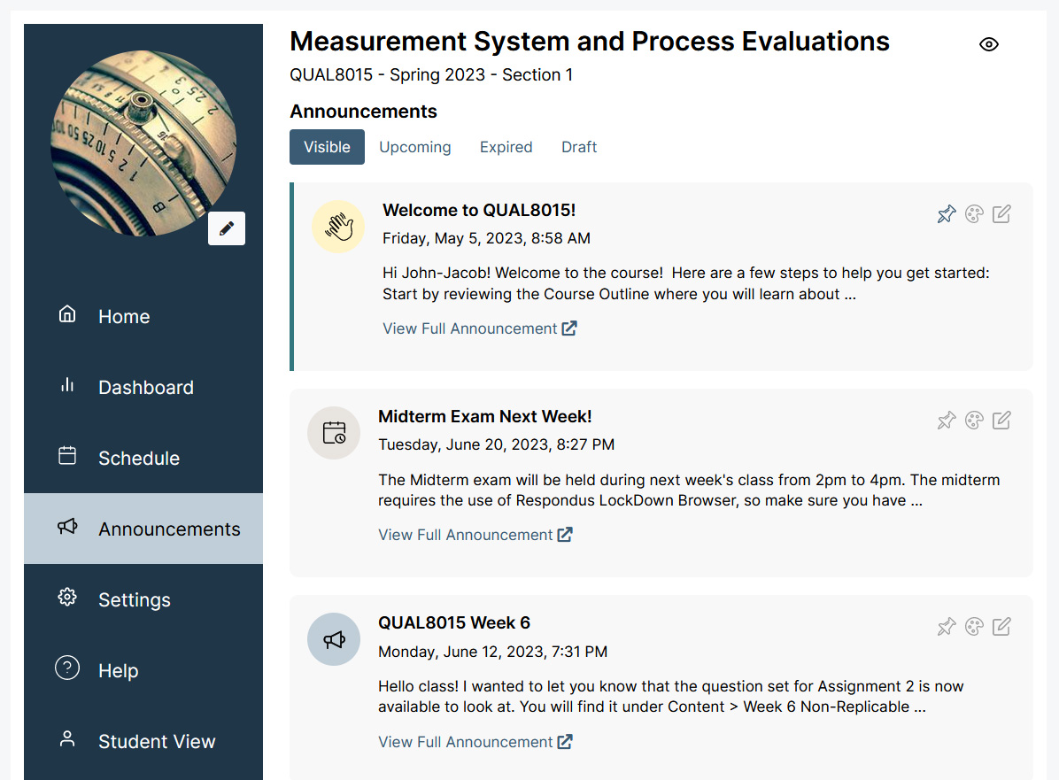 The instructor Announcements tab. The user is viewing the default 'Visible' tab, with three other filters available labeled Upcoming, Expired, and Draft. There are three total Announcements shown. A welcome message is manually pinned as the top announcement, above two weekly posts.