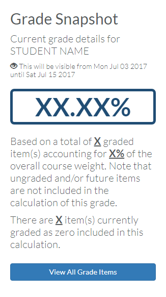 Grade Snapshot. Current grade details for STUDENT NAME. This will be visible from Mon Jul 03 2017 until Sat Jul 15 2017. Grade: 80.5%. Based on a total of 3 grades item(s) accounting for 40% of the overall course weight. Note that ungraded and/or future items are not included in the calculation of this grade. There are 2 items currently graded as zero included in this calculation. BUTTON: View All Grade Items.