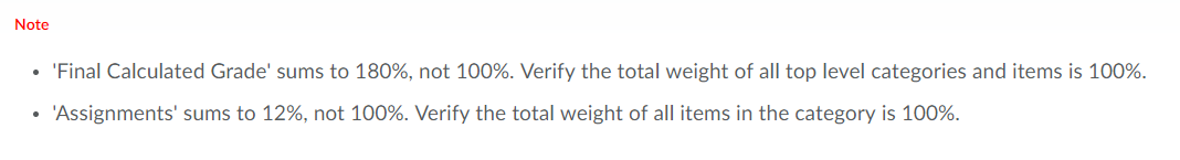 A sample calculation error in an eConestoga gradebook. Note: 'Final Calculated Grade' sums to 180%, not 100%. Verify the total weight of all top level categories and items is 100%. 'Assignments' sums to 12%, not 100%. Verify the total weight of all items in the category is 100%.