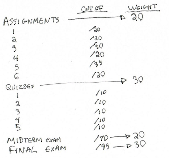 A list of assignments, their point totals, and their weights. Some assignments are grouped into Categories. Assignments category with a weight of 20. Contains 6 numbered assignments with different point totals. Quizzes category with a weight of 30. Contains 5 quizzes, all graded out of 10. Midterm exam, out of 70, weight of 20. Final Exam, out of 95, weight of 30.