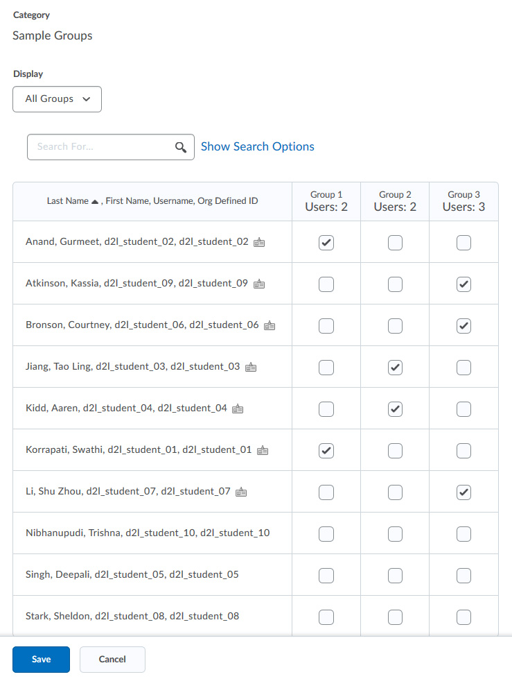 Adding students to all groups at once. The classlist is displayed, with a set of checkboxes beside each name. Different students have different group checkboxes checked.