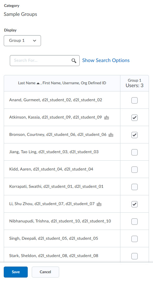 The manual group enrollment screen for Group 1. The classlist is displayed, and boxes beside some students' names are checked.