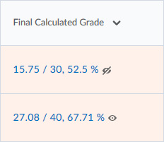 An open eye icon is shown beside a student's Final Calculated Grade, indicating that this grade is currently visible to the student.