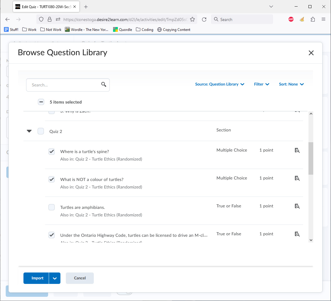 The 'Import Questions' panel. Quiz 1 has been expanded, showing six questions within it. Four questions have been checked for import.