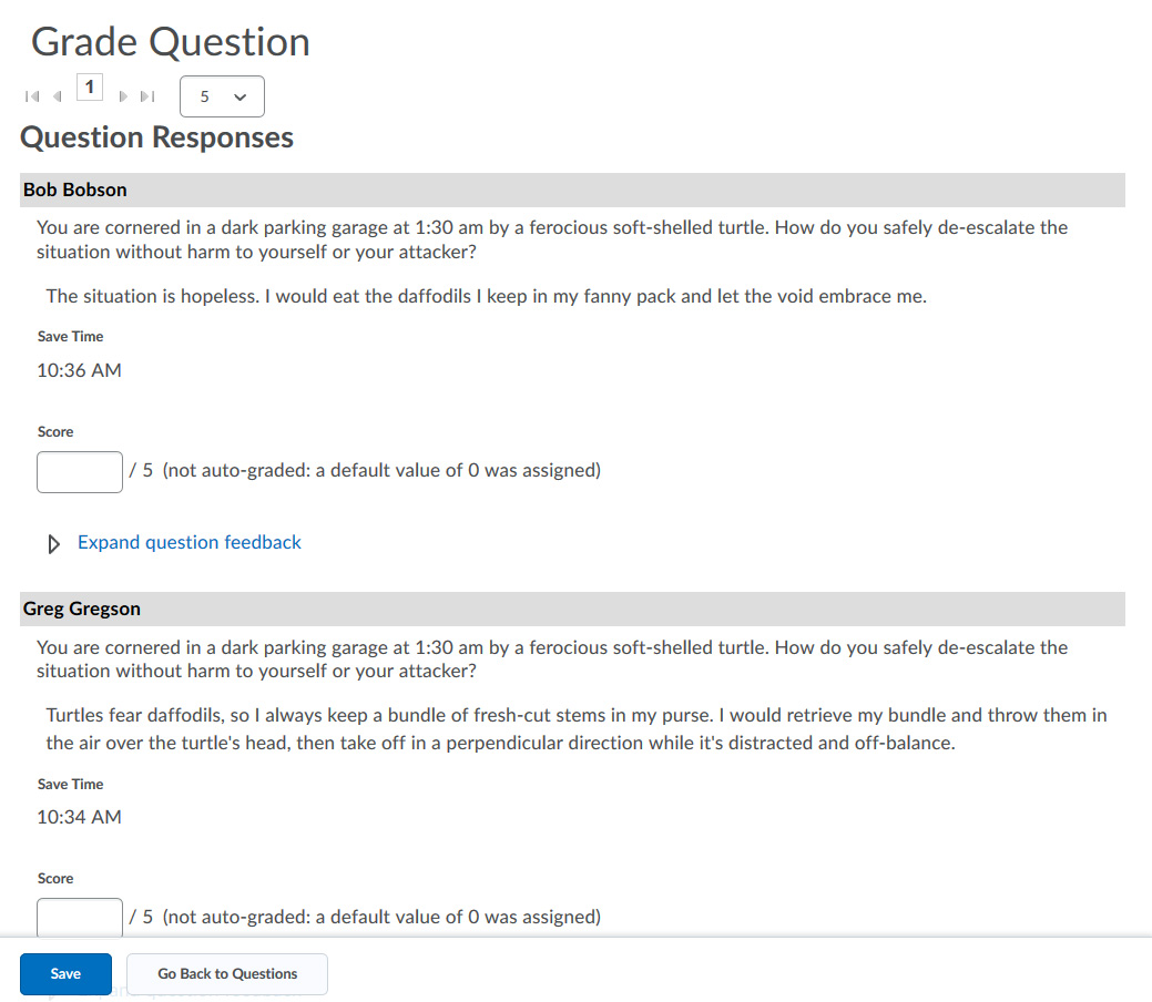 Grading all students' answers to one question. The option to view 5 answers at a time has been selected.