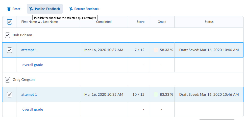 The instructor is viewing the list of submissions. The multi-select checkbox has been selected, and Publish Feedback is about to be clicked.