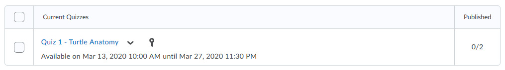 A list of quizzes in the course. Only one quiz is listed, which has 0 submissions graded out of 2 submissions received.