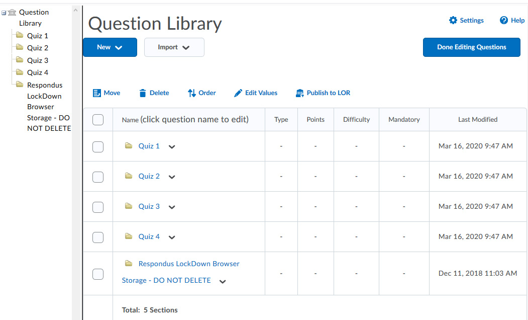 An example Question Library. Sections have been set up for Quiz 1 through Quiz 4.