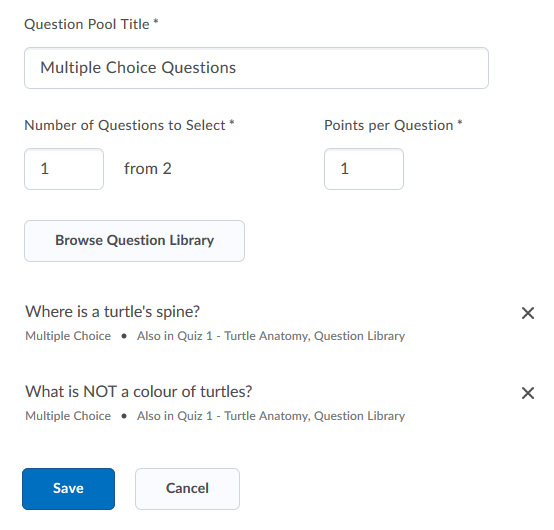 Configuring the pool options. This pool is called Multiple Choice Questions, and has been set to deliver 1 of 2 questions, worth 1pt per question.