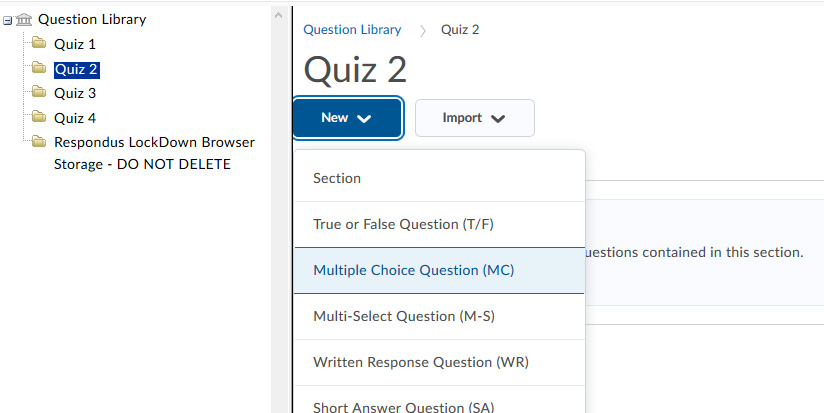 Creating a new question in the library. Out of the listed question types, Multiple Choice is being selected.