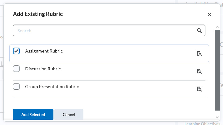 The rubric attachment screen. The desired rubric has been selected from the list of available options.