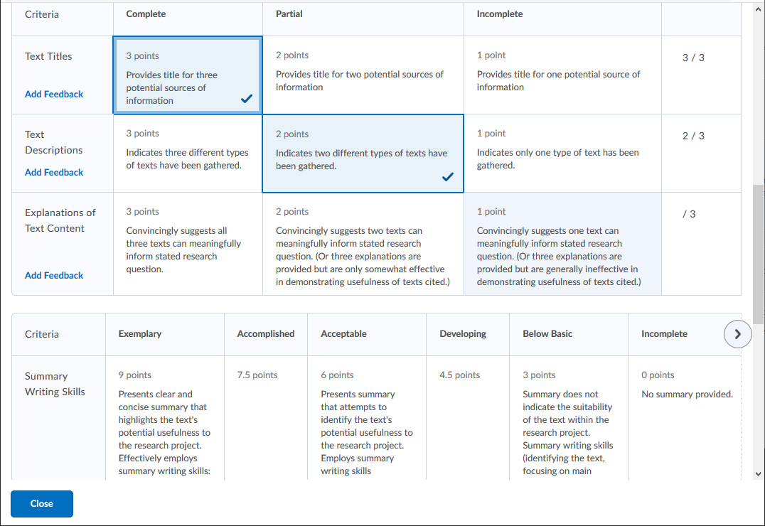 An instructor is grading a student's submission with a rubric. The "Complete" level has been chosen for the "Text Titles" criterion. "Partial" has been chosen for "Text Descriptions".