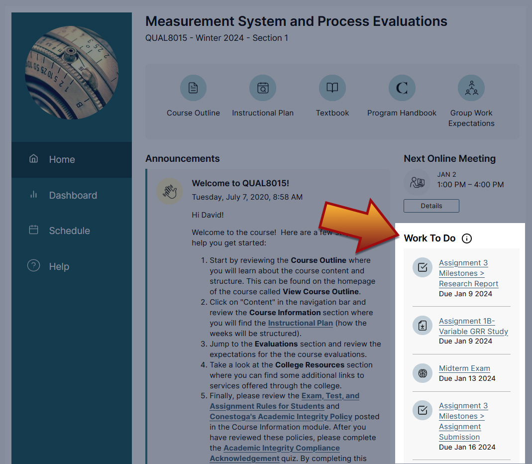 The home tab of a course's homepage. The Work To Do widget is highlighted on the right side of the screen. Three assignments and a Midterm exam are listed in the next few weeks, along with each assessment's due date.