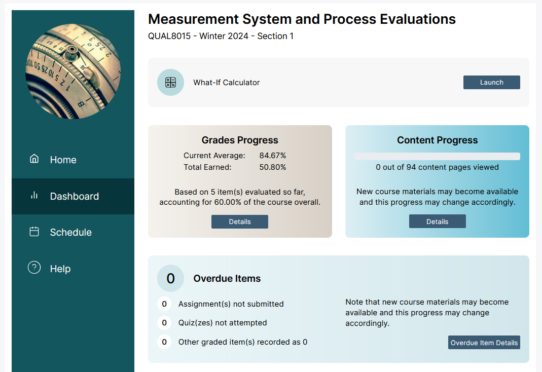 The student dashboard tab. A link to the What-If Calculator appears at the top. On the left is the Grades Progress block, which shows the student's current grade. On the right, Content Progress shows how much of the course's content the student has completed. At the bottom, the Overdue Items block tells the student that they have no assessments overdue.