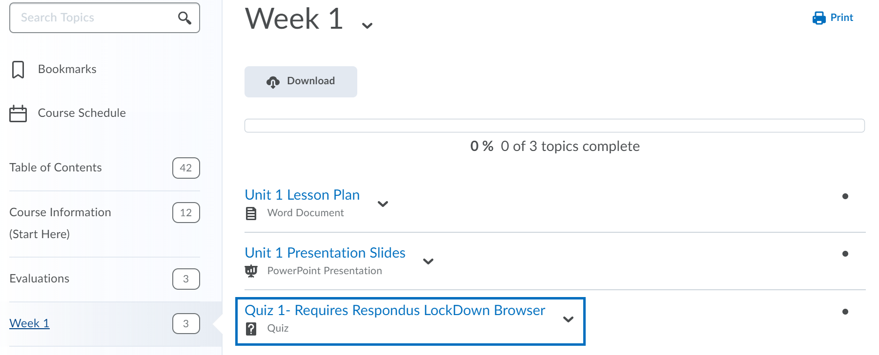 A quiz that requires Respondus LockDown Browser will have the text 'Requires Respondus LockDown Browser' appended to the end of the quiz title.